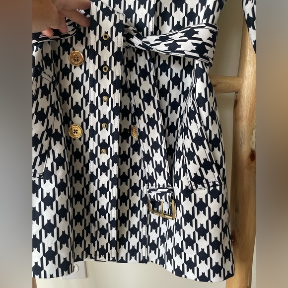 Michael KORS Navy White Classy Houndstooth Trench Coat Gold Buttons Belted M-L - Picture 7 of 12
